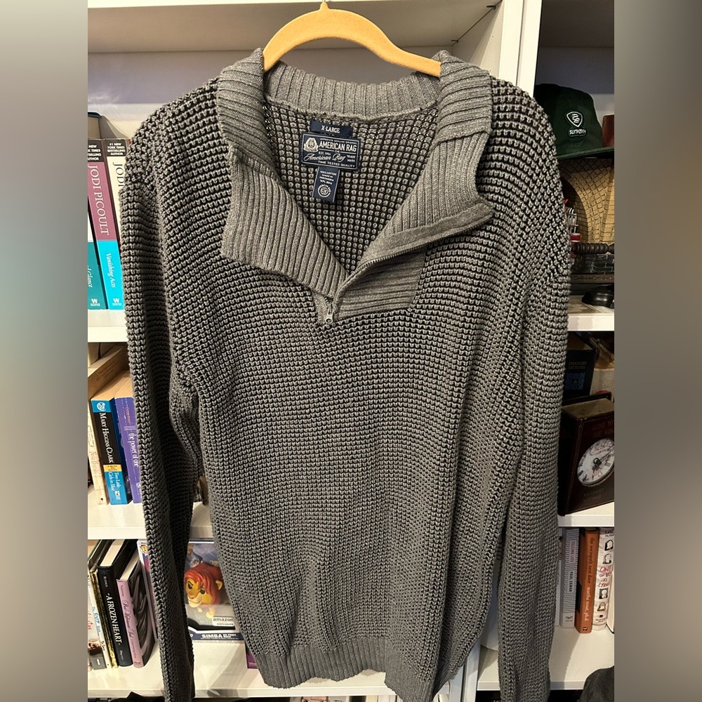 American Rag Grey Knit Collared Sweater with Zipper